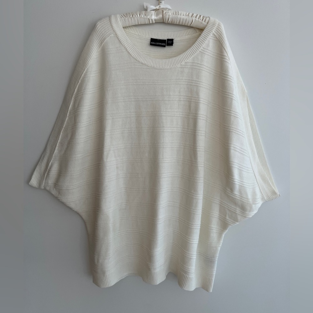 NINA LEONARD Oversized Batwing Poncho Style Boat Neck Pullover Knit Sweater